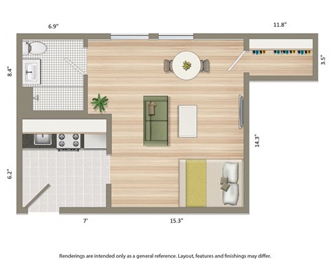 studio apartment floor plan rendering at chatham courts apartments in washington dc